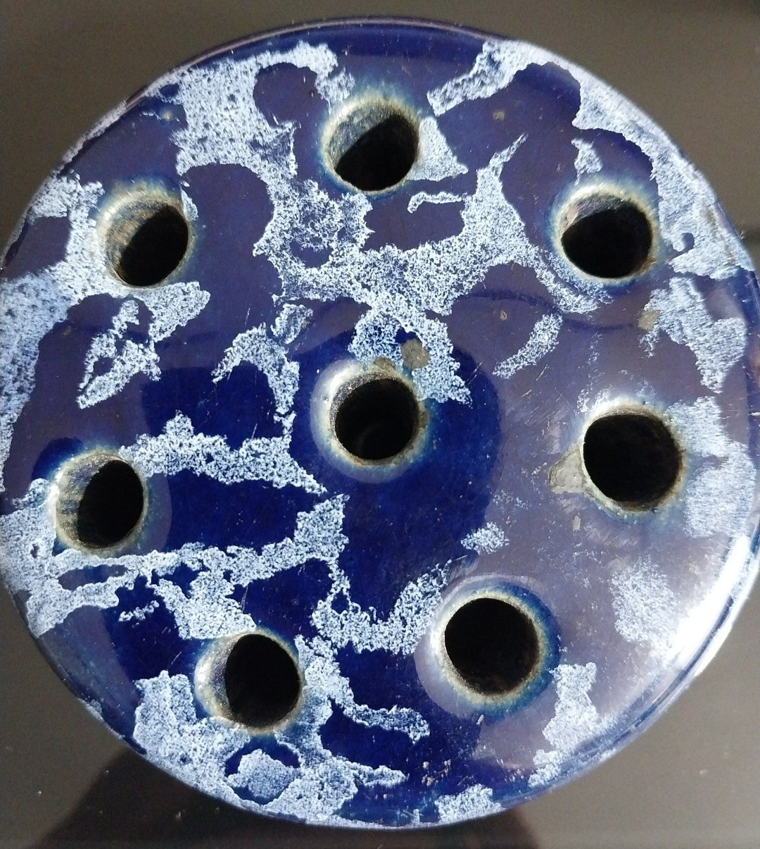 Antique WELLER 3 1/4″ x 1 1/2″ Blue Glazed 8 Hole Flower Frog