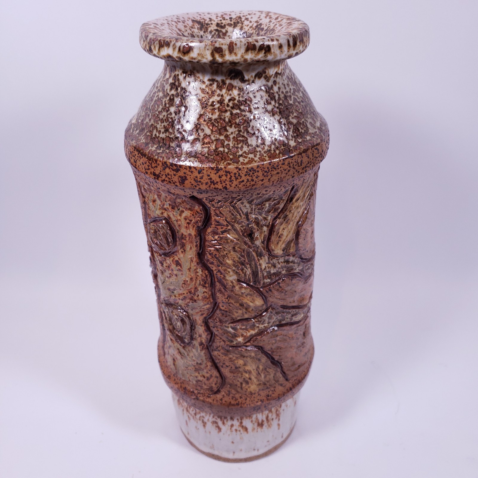 SIGNED Studio Stoneware Carved Abstract Woodland Art Pottery VASE
