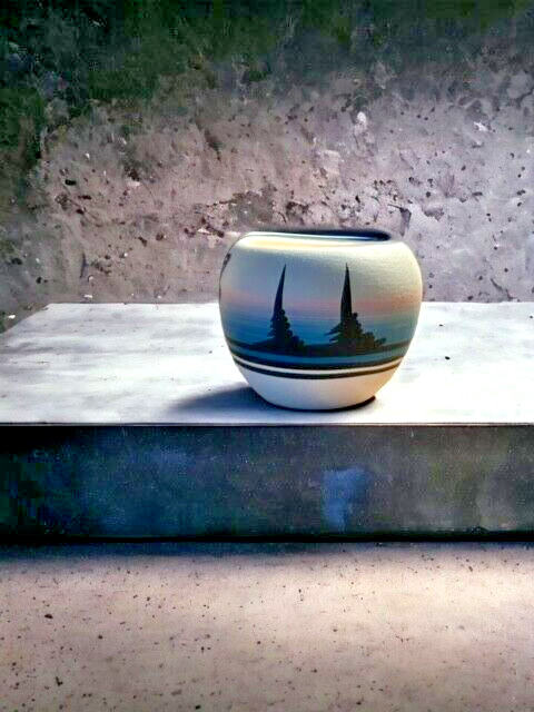 Miniature Native American Pottery Bowl Handmade White Black Blue Signed