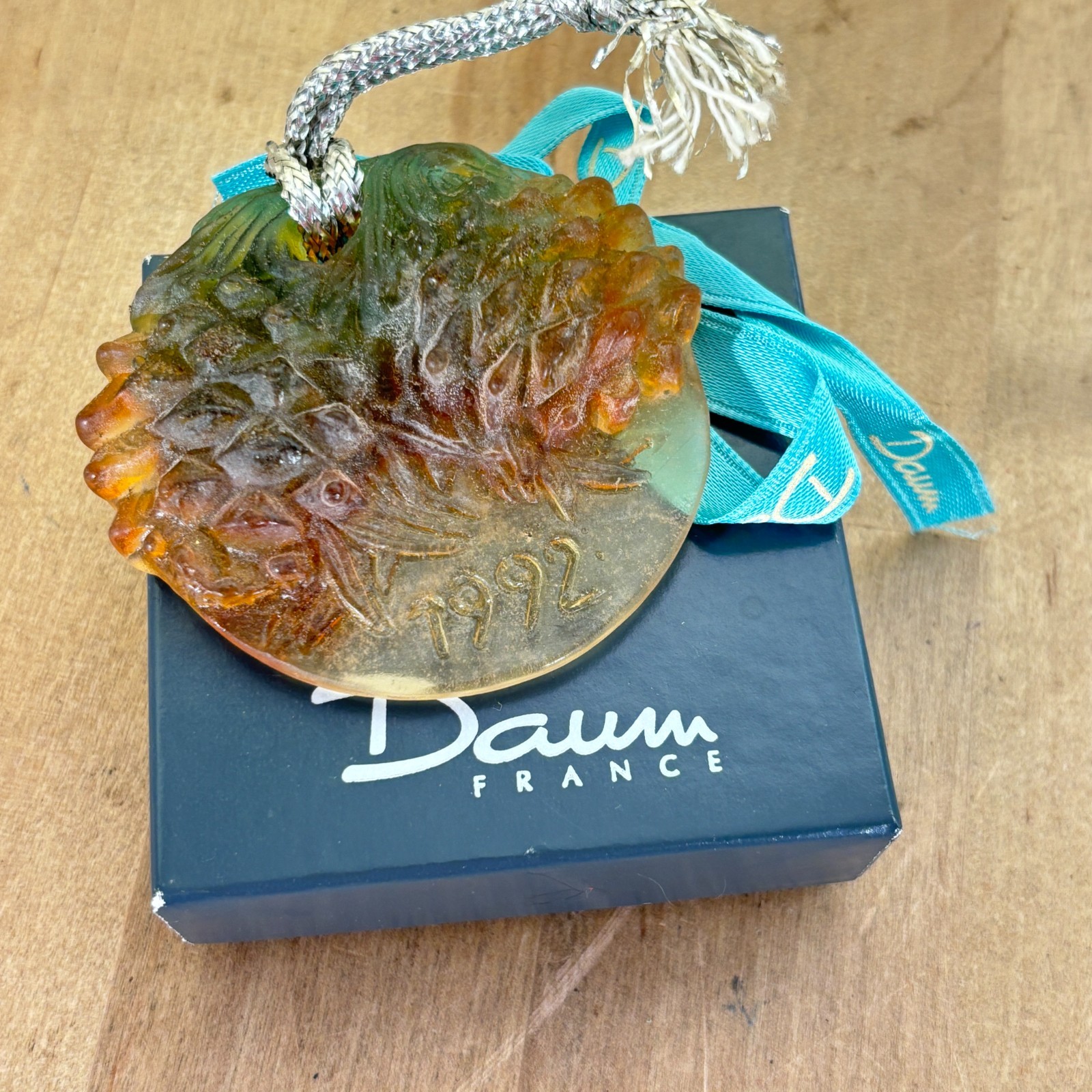 Daum Christmas Ornament Crystal Pate de Verre Pinecones, 1992, 2.5″dia