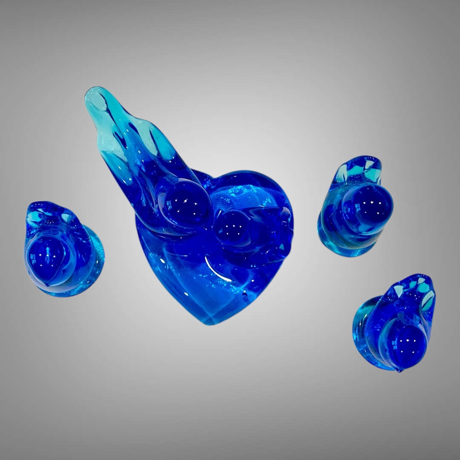 Lot Of 4Signed Leo Ward Blue Glass Blue Birds of Happiness 1989, 1991, 1993,1996