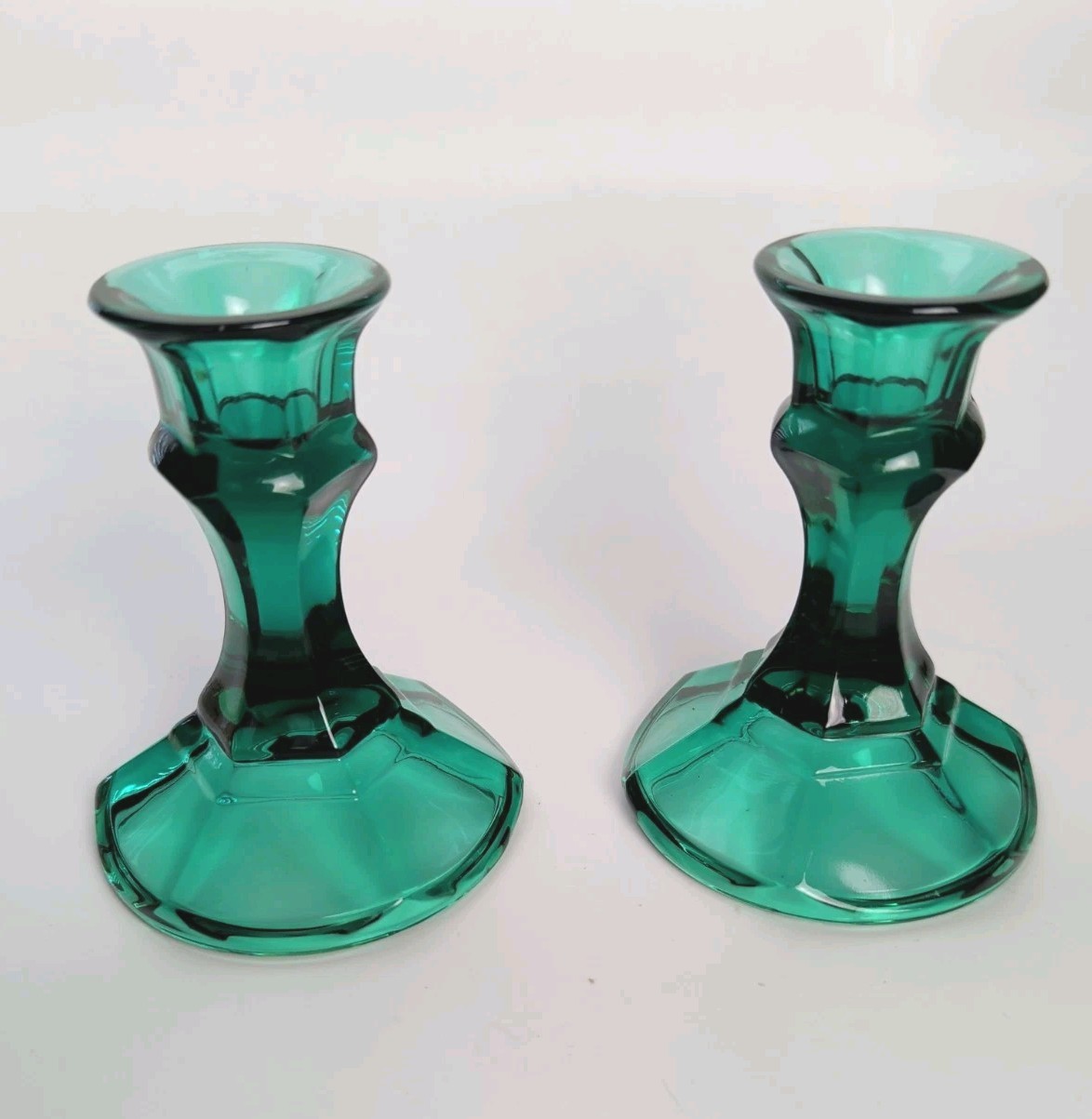 Vintage Pair Indiana Glass Teal Green Glass Candle Stick / Holder 4.5″ tall
