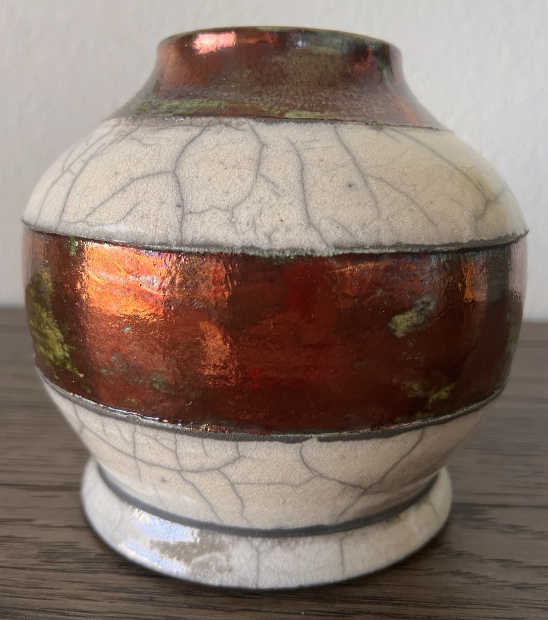 Raku Studio Pottery Vase Artist Signed Fired Crackle Glaze Metallic STUNNING 6″T