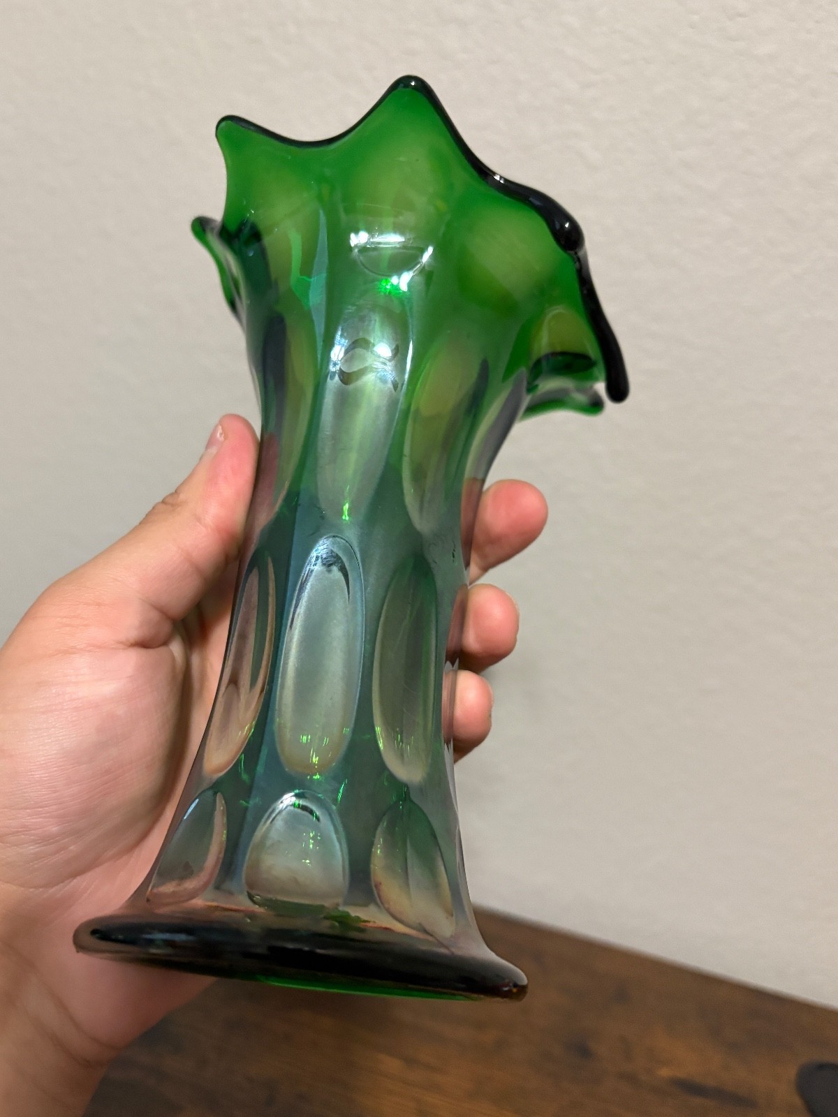 PAIR Of ANTIQUE FENTON Green Iridescent LONG THUMBPRINT Carnival Glass Vases