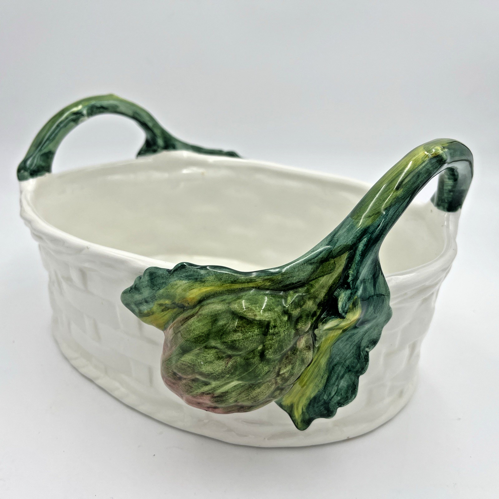 Hand Painted Italian Vietri White Woven Ceramic Oval Basket 12×8″ 3lb 10 oz
