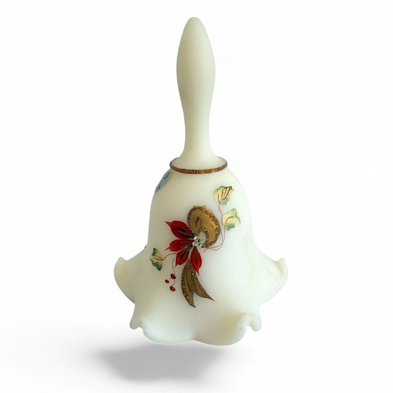 Fenton Hand Painted Satin Glass Christmas Poinsettia Bell Signed G Smith 6.75″