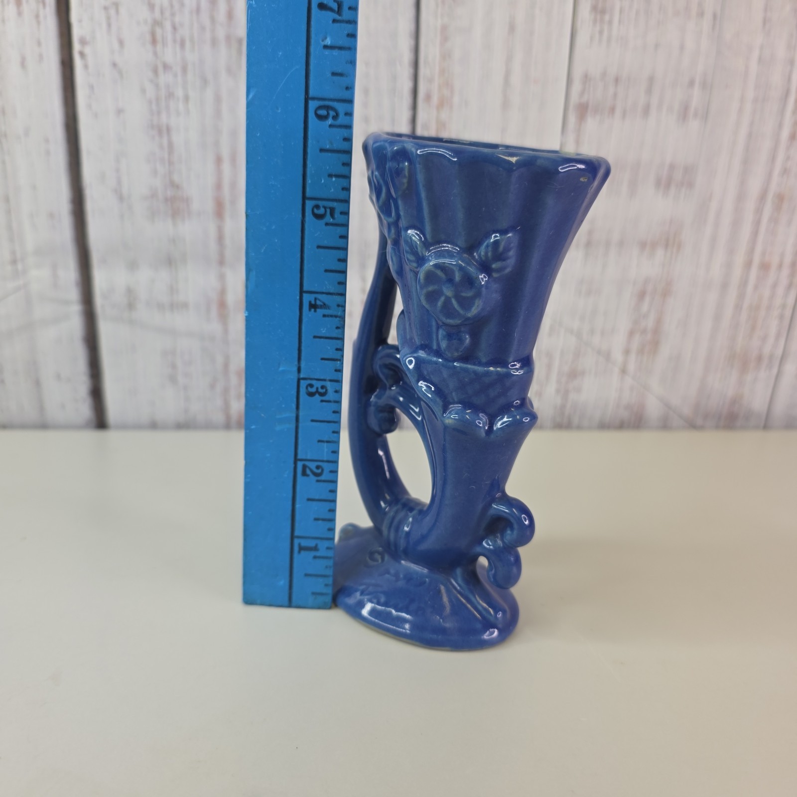 Art Pottery Cornucopia Vase Blue Ceramic Vintage Signed Taylor December 21 1941
