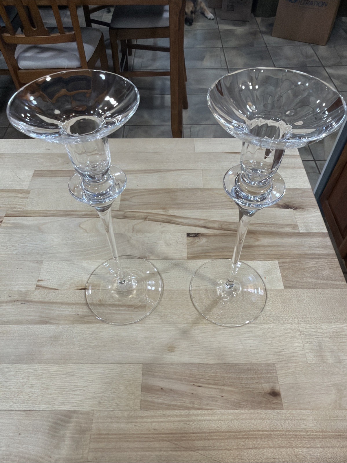 2 MIKASA Stephanie Tall Single Light Candlestick Pair Clear Rare 10 1/4”
