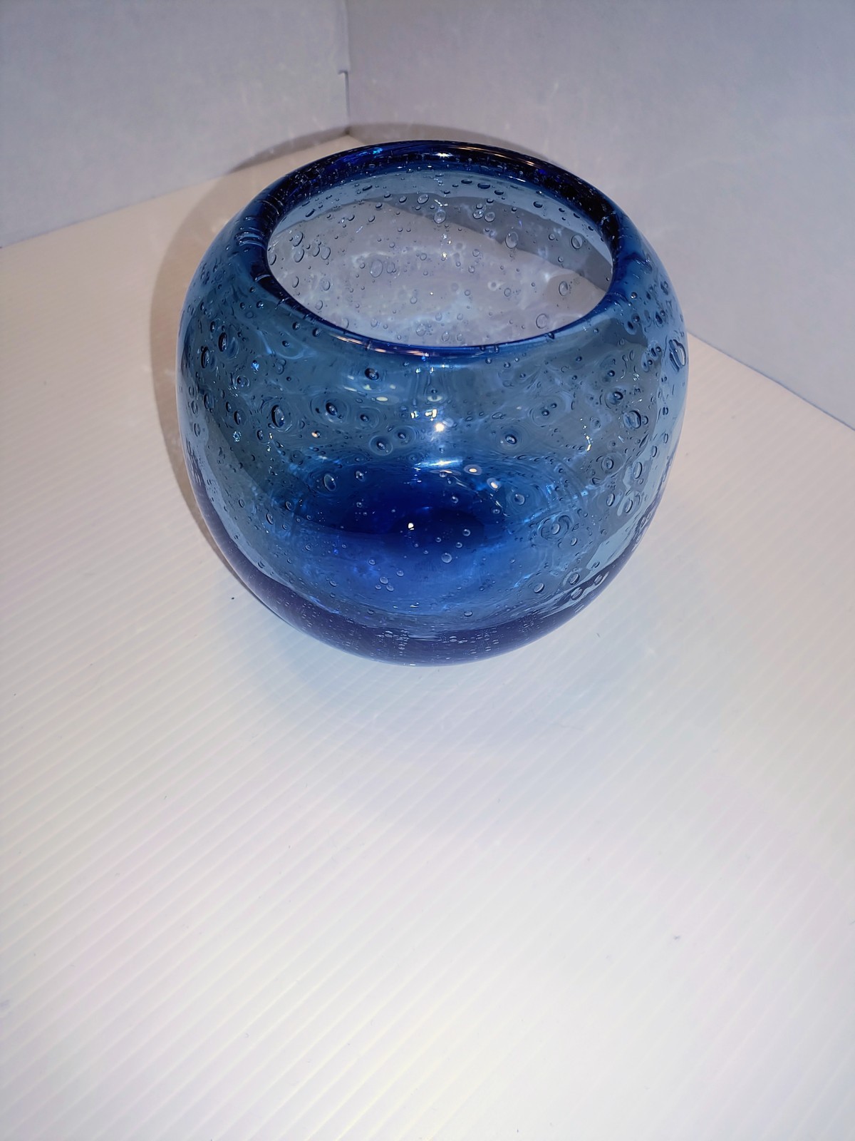 Blue Art Glass Bubble Pattern Round Vase Bowl With Glossy Finish