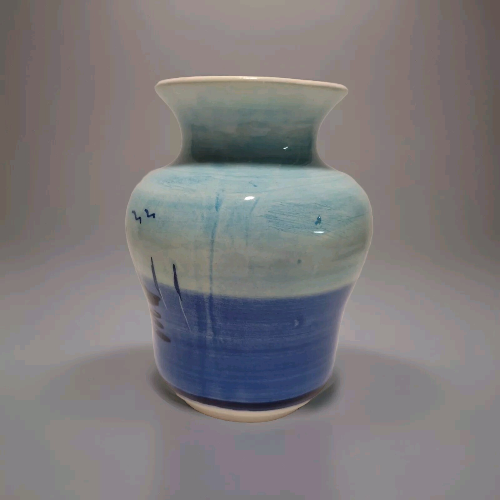 Vintage Blue Sail Boats Horizon Vase Two Tone 4.5 Inches Hand Nautical MCM