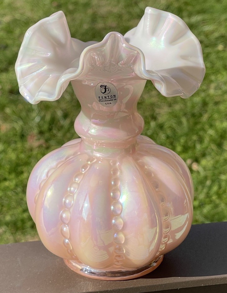 FENTON MELON VASE IRIDESCENT PINK BEADED RUFFLE EDGE SIGNED DAN FENTON