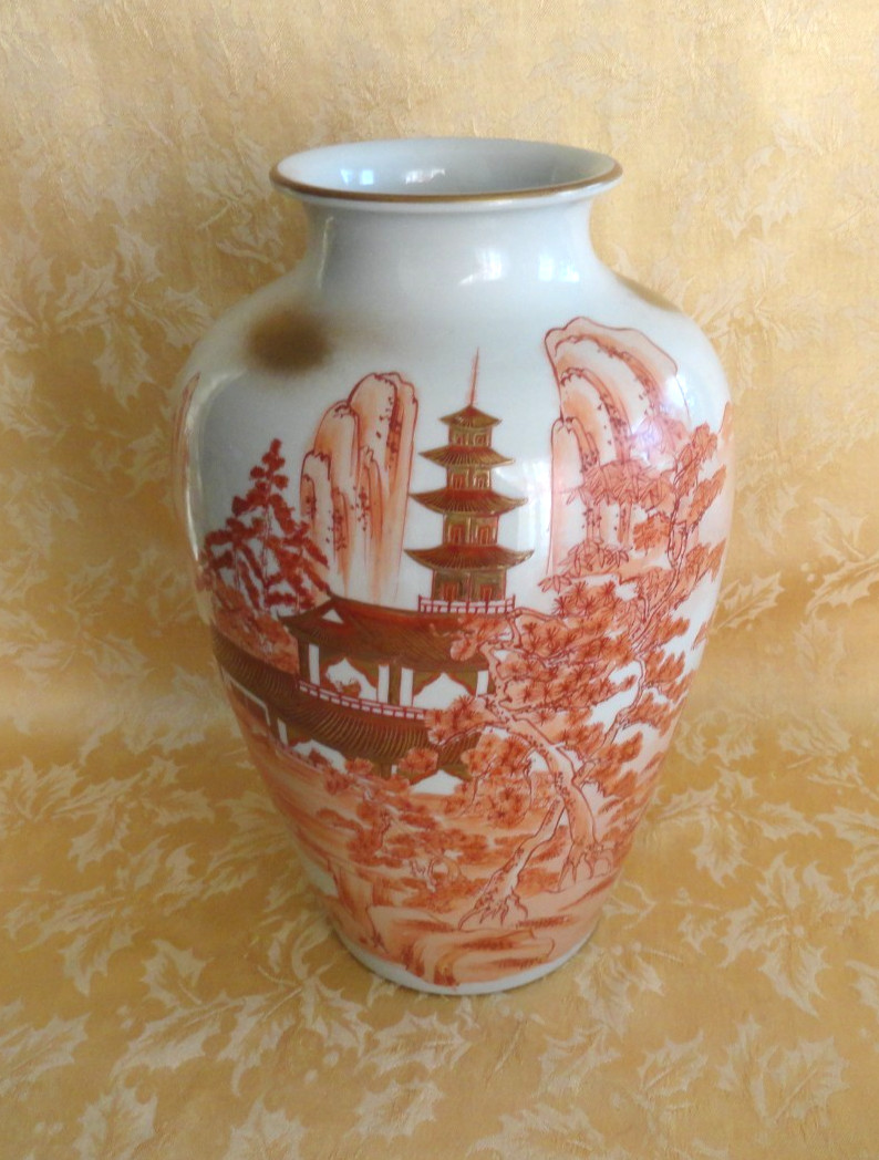 Large Kutani Hand Painted Vase Landscape Deep Orange- Red With Gold Gilt 11.5″ H