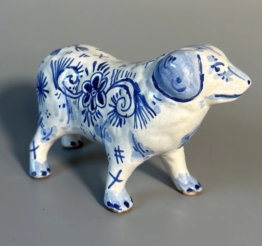 19th Century Delft Pottery Dog Figurine – Netherlands – Blue Floral Design