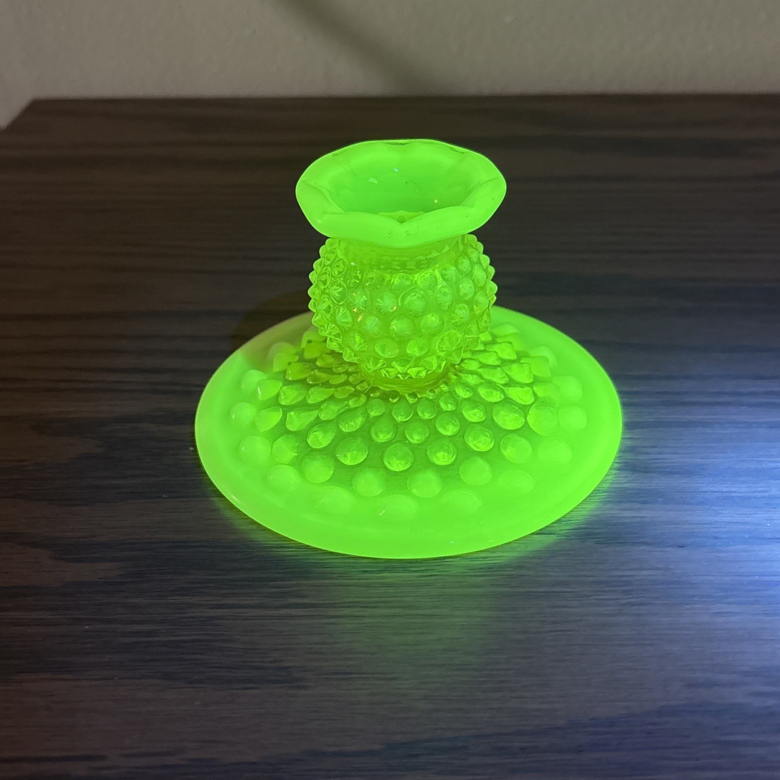 1 Fenton Hobnail Candlestick Holder Vaseline Topaz Opalescent Uranium 3” H