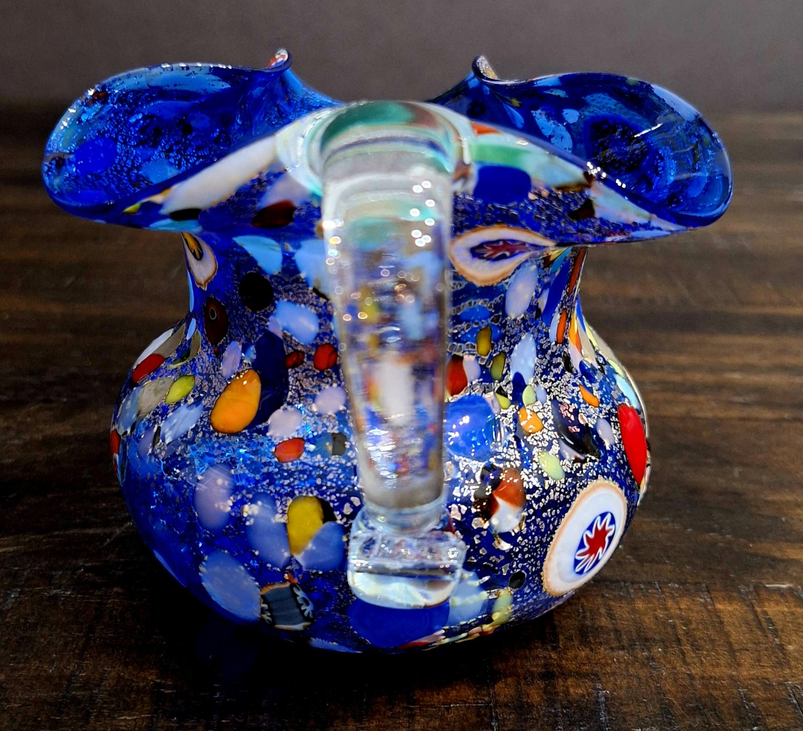 Murano Harlequin Millefiori Handkerchief Jug CC Zecchin Made In Italy 3 3/4″H