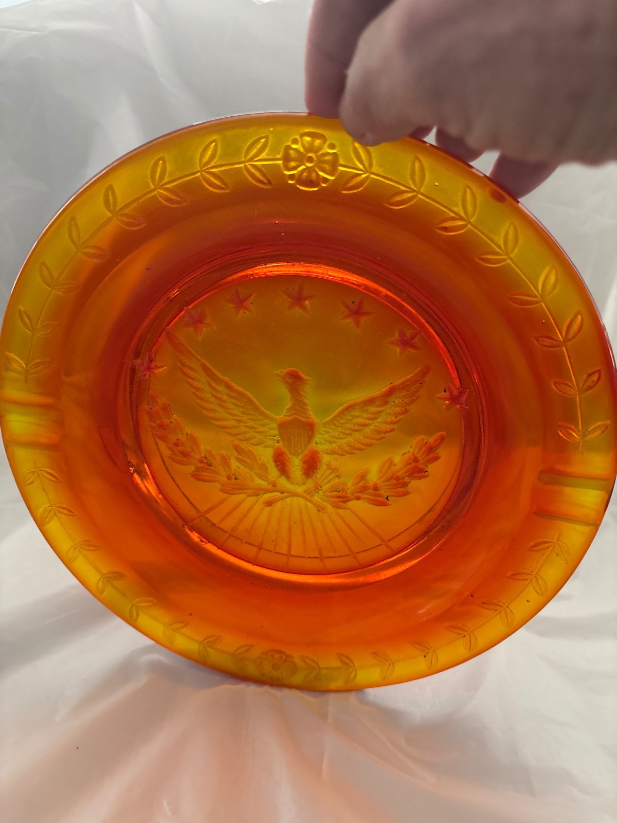 LE Smith mid-century Amberina heavy glass ashtray/candy dish