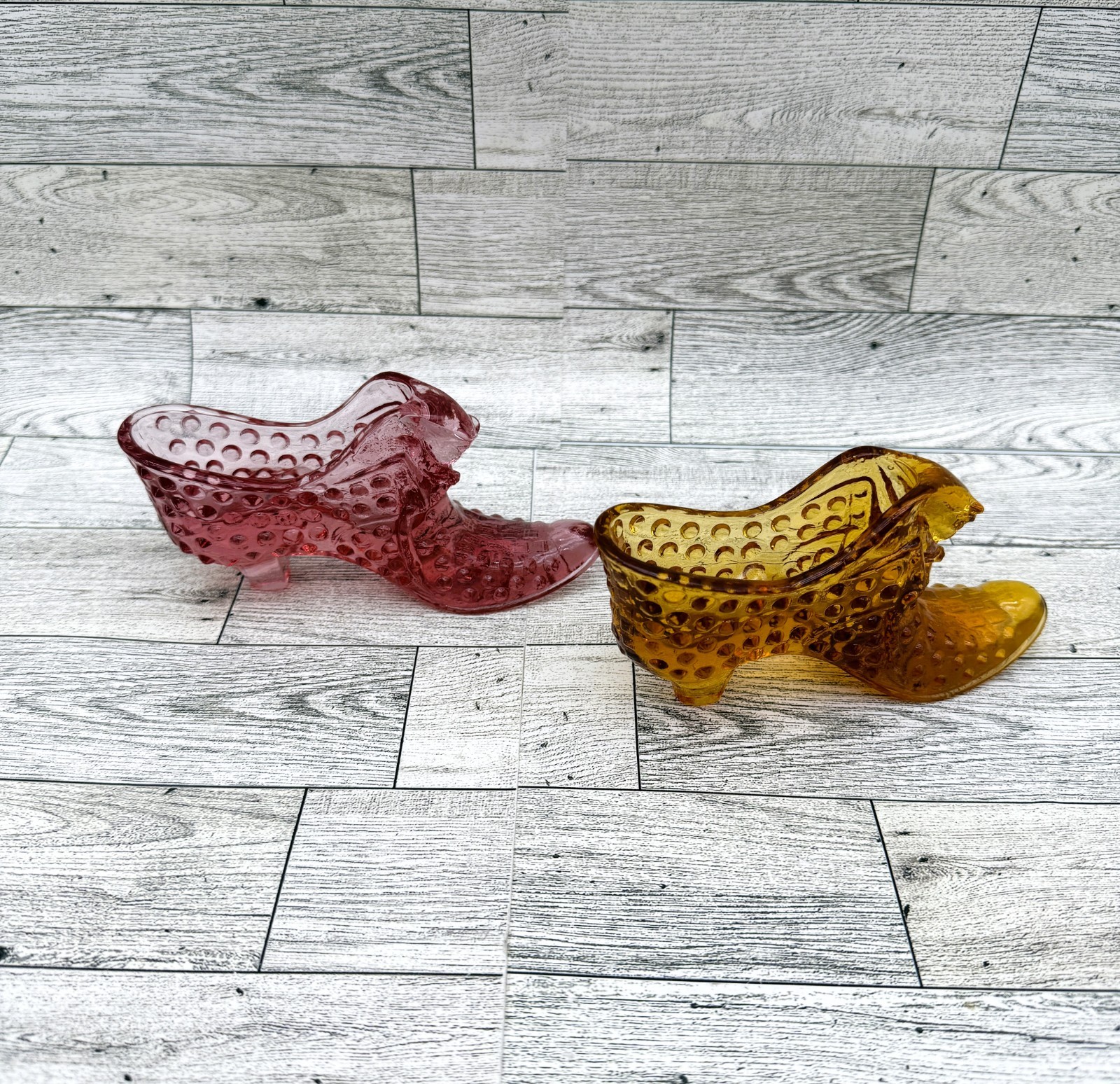 VTG Fenton Art Glass?? 6 EA Victorian Style Cathead Pressed Glass Slipper Shoes