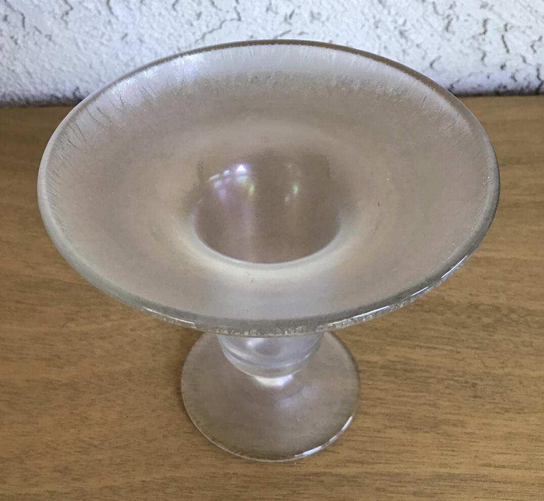 Vtg U.S. Glass (Tiffin) Stretch Glass Iridescent Flat Topped Footed Vase 5in T