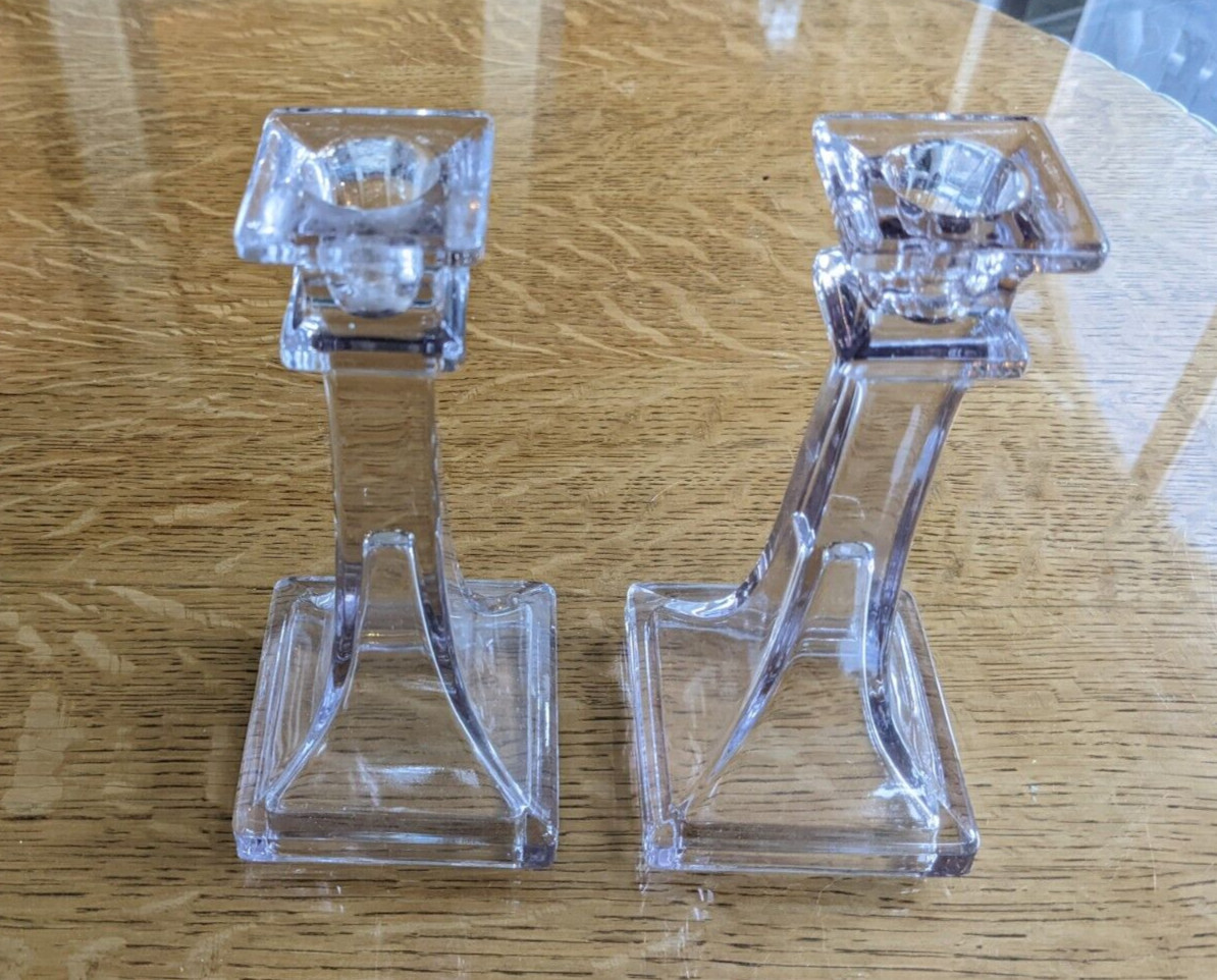 Pr Art Deco Art Glass Amethyst Candlesticks 7 3/8″
