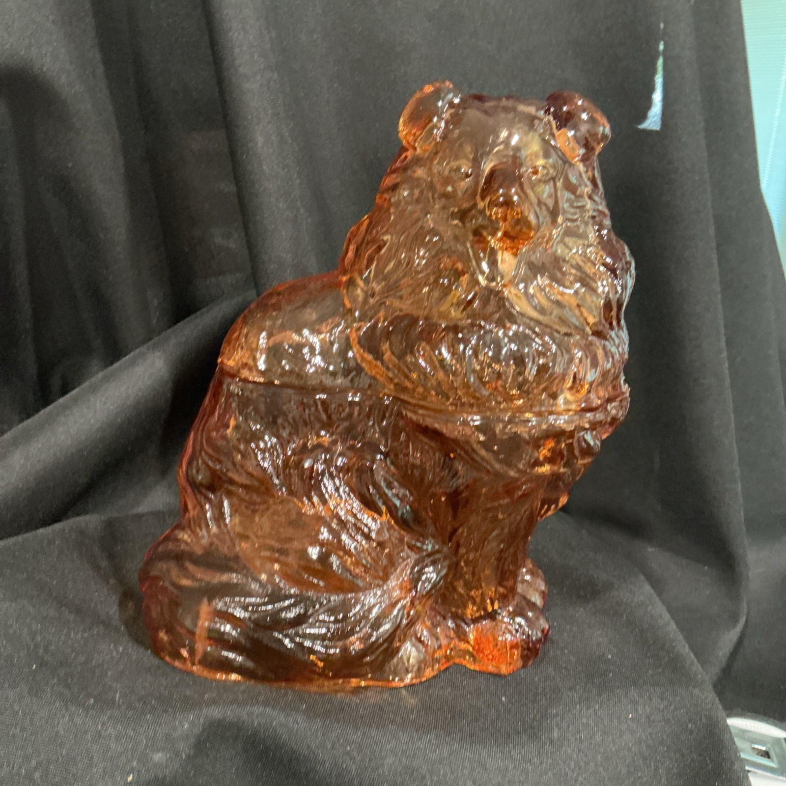 Vintage Marigold Mosser Glass Collie Dog Candy Jar 7” Tall, 2 Piece, Chipped