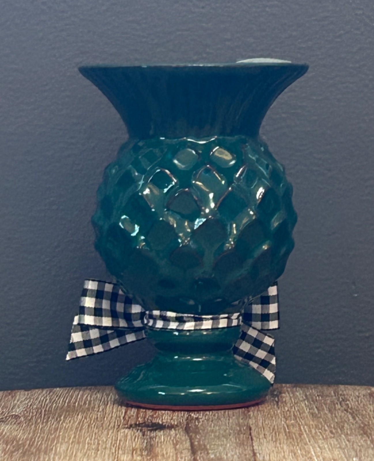 MacKenzie-Childs Ceramic Mini Thistle Vase Gingham Bow – Jade Green -Brand New!