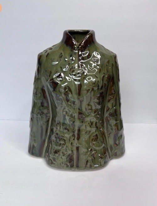 Vintage Green Brown Ceramic Vase Textured Glaze Decorative Pottery 9” Modern