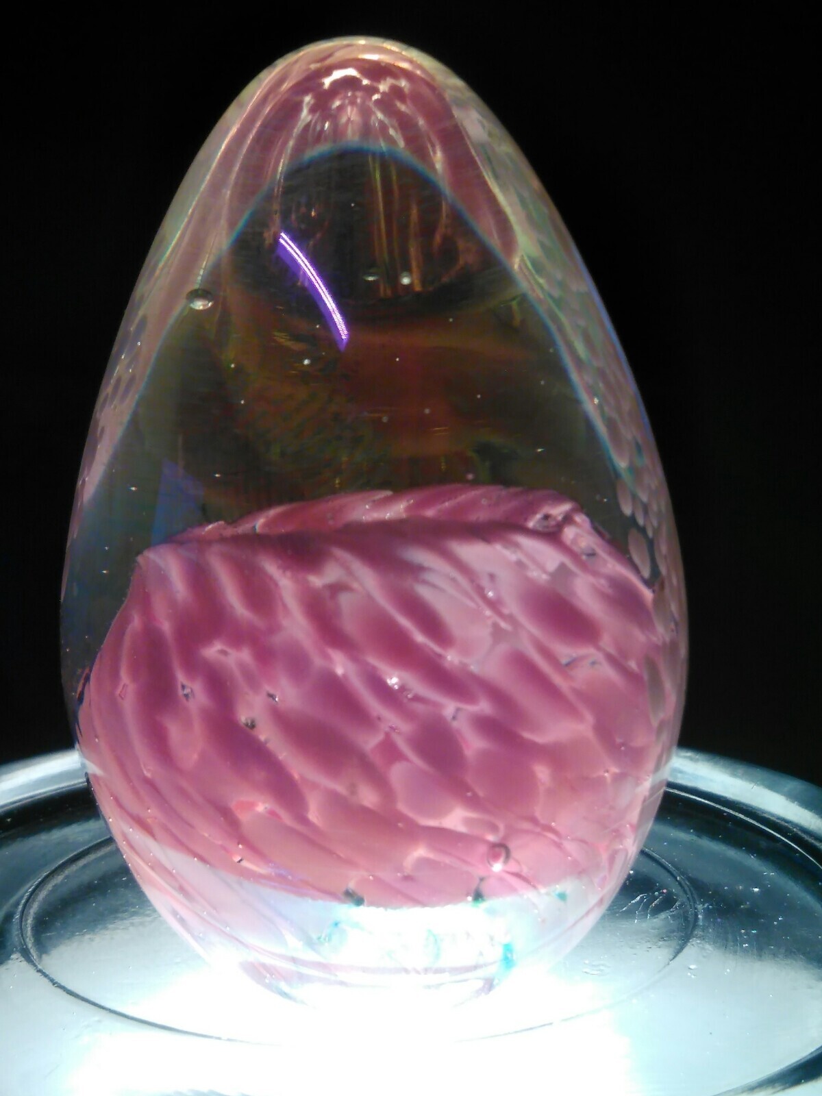 ART GLASS EGG PAPERWEIGHT PINK, WHITE, AND CLEAR