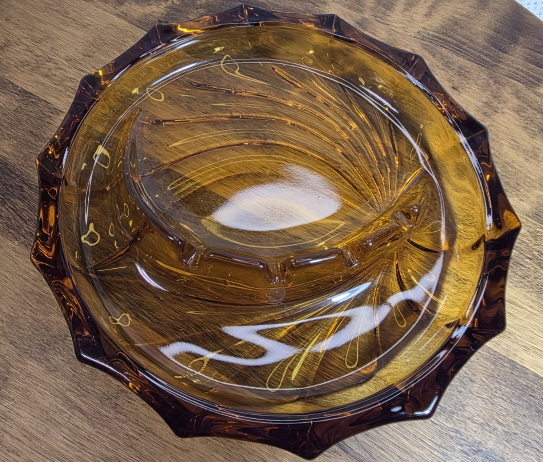 Vtg Viking Glass Amber Swirl Fantail Ashtray MCM Retro Decor Tobacciana 8″