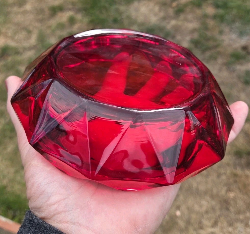 Viking Ruby Red Diamond Point Ashtray 6″ wide