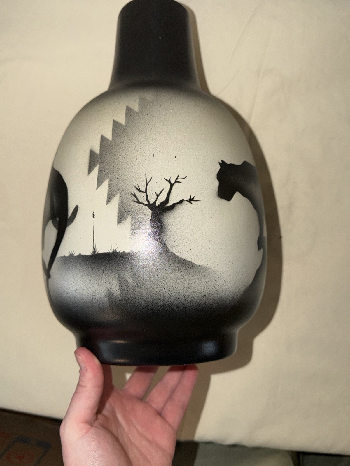 Hand Painted Signed Ceramic Vase Horse Silhouette Black Gray White Matte