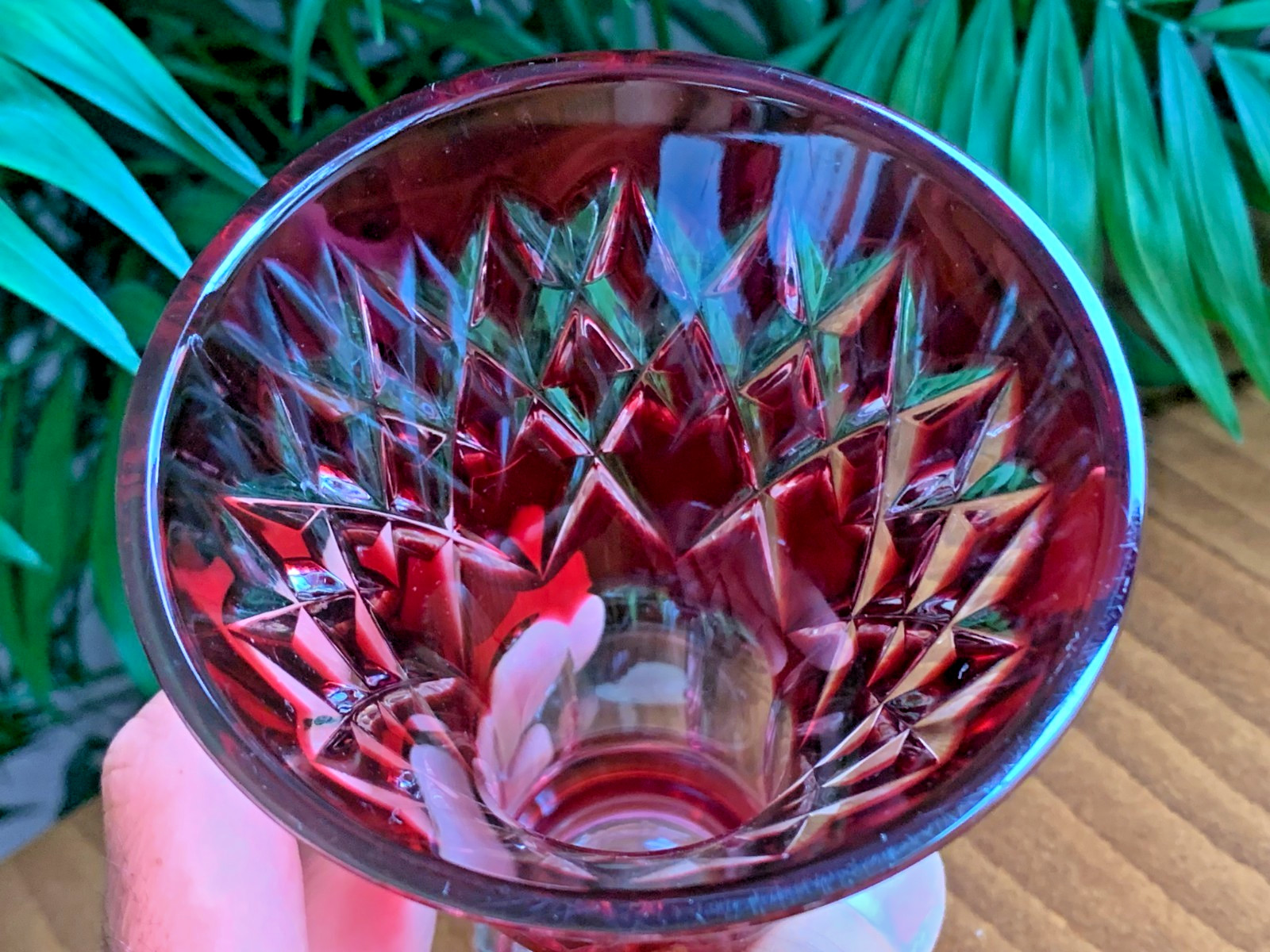 Val St Lambert Ruby Red Cut to Clear Crystal Glass Vase Belgium Depose Signed 6″