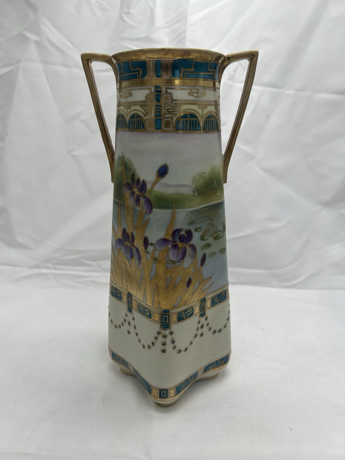 Antique Hand Painted Nippon Irises Porcelain Vase