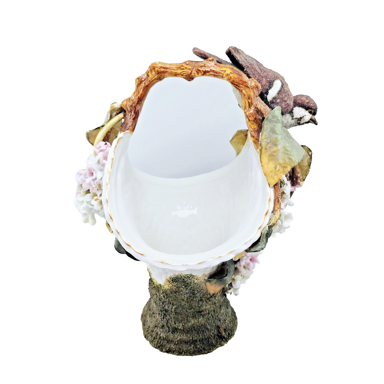 Dresden Porcelain Barbotine Flower Basket with Bird On Twig Handle, Restored OBO