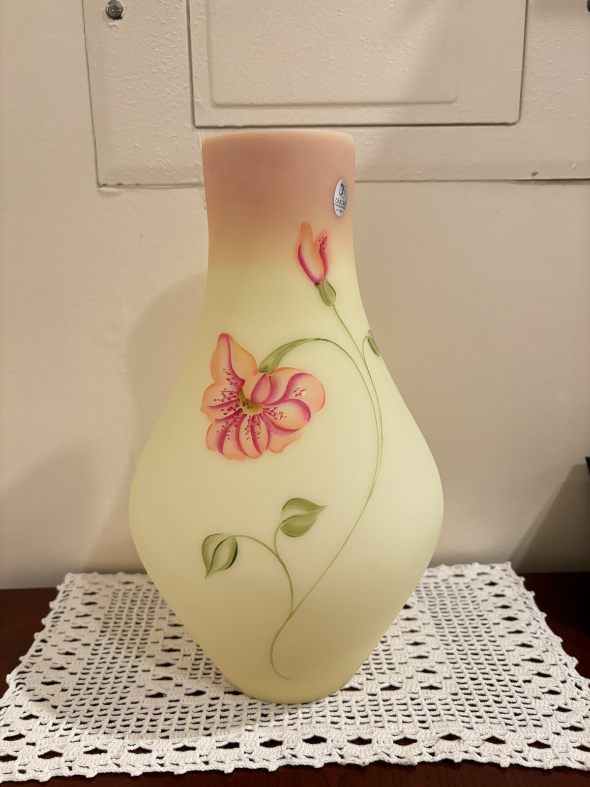Fenton 2006 Horizon “Floral Breeze on Burmese” Vase # 150/950 HP by Kibbe