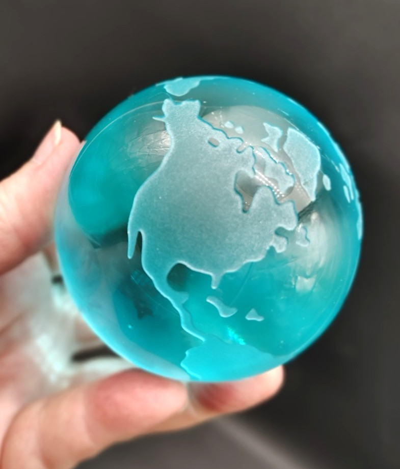 Art Glass Globe Turquoise Blue Earth Paperweight Frosted Glass Polished Bottom