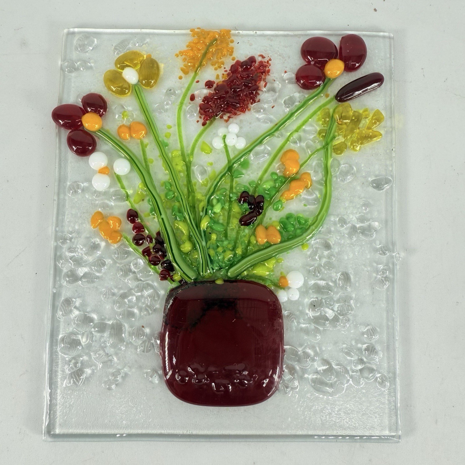 Studio Art Fused Glass Panel 3D Floral Flowers In Vase Pot 5” x 6” Red