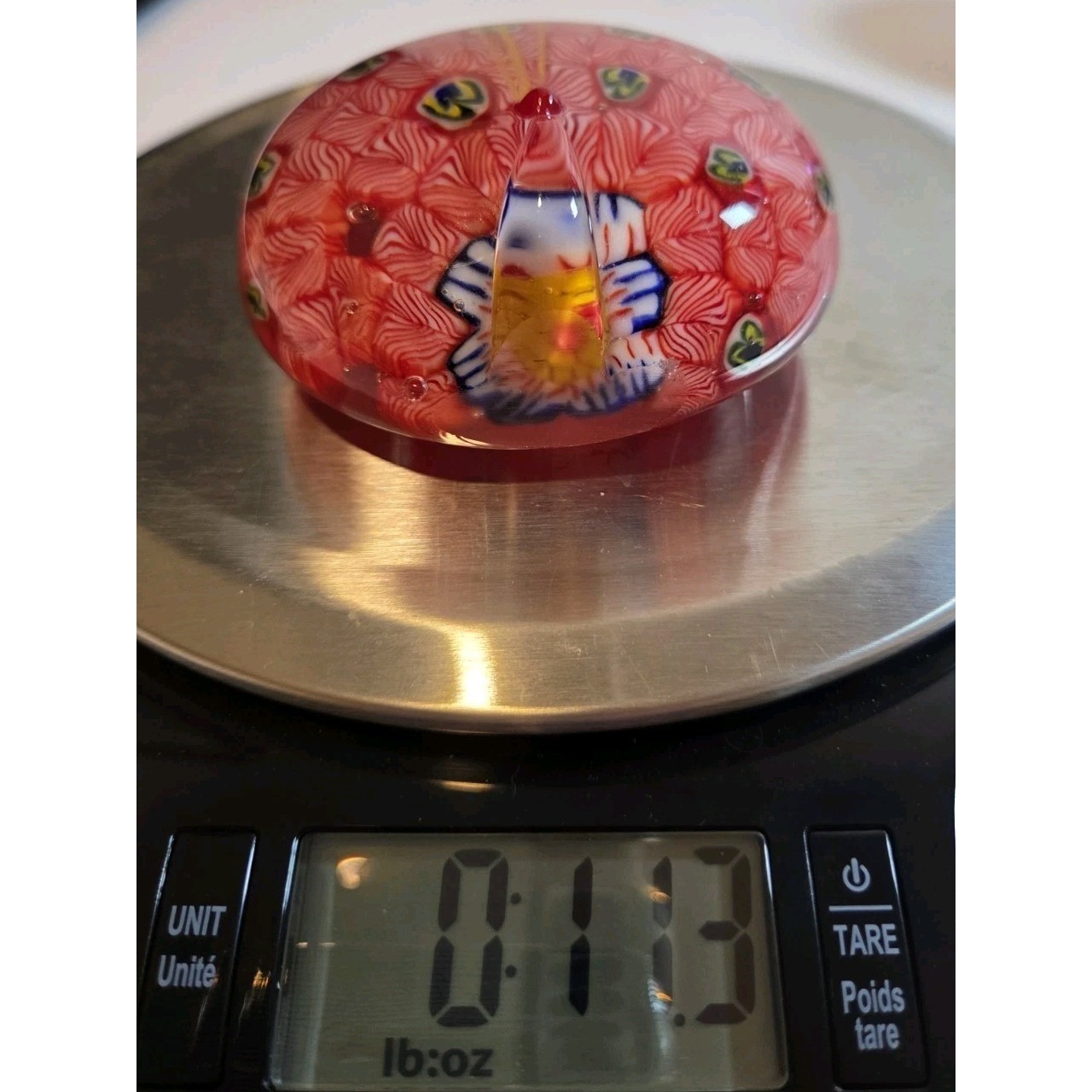 Vintage Red Millefiori Style Art Glass Peacock Paperweight