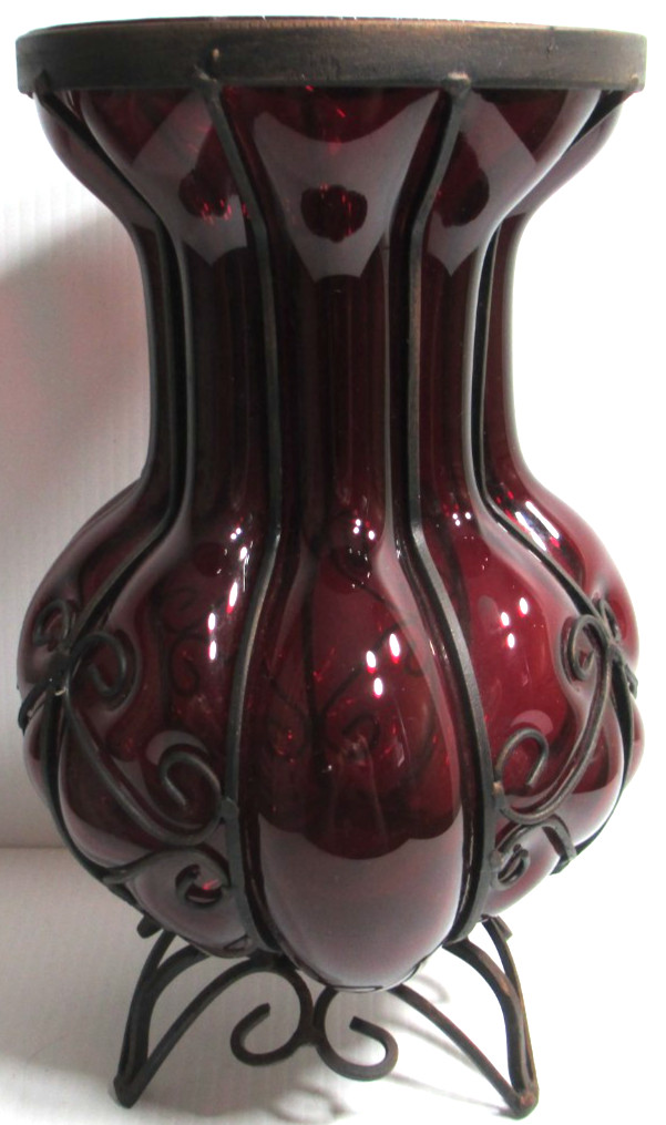 Vintage Hand-Crafted Ruby Red Glass Cased in Wrought Iron Vase 10 1/4″ Tall