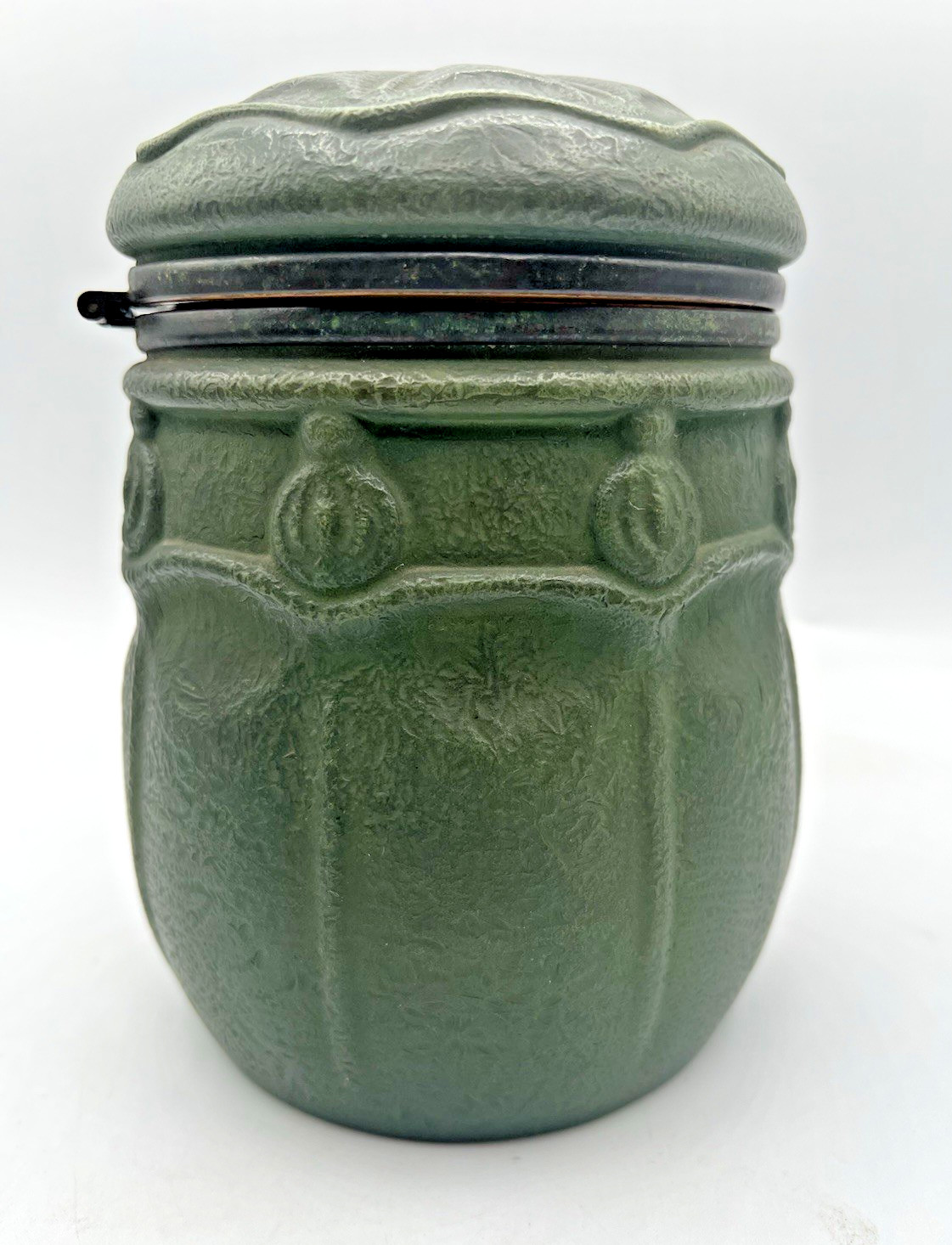 Vintage Handel Ware Glass-Merriden-Arts & Crafts Green Cigar Tabacco Humidor Jar