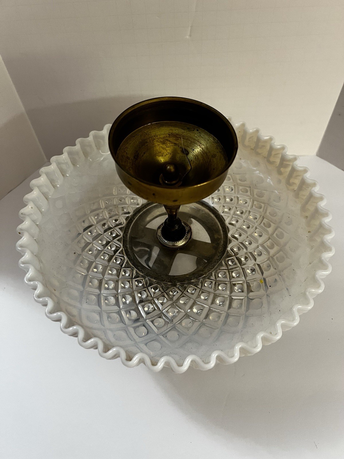 Vintage Fenton White Milk Glass Diamond Lace Cherub Centerpiece Compote