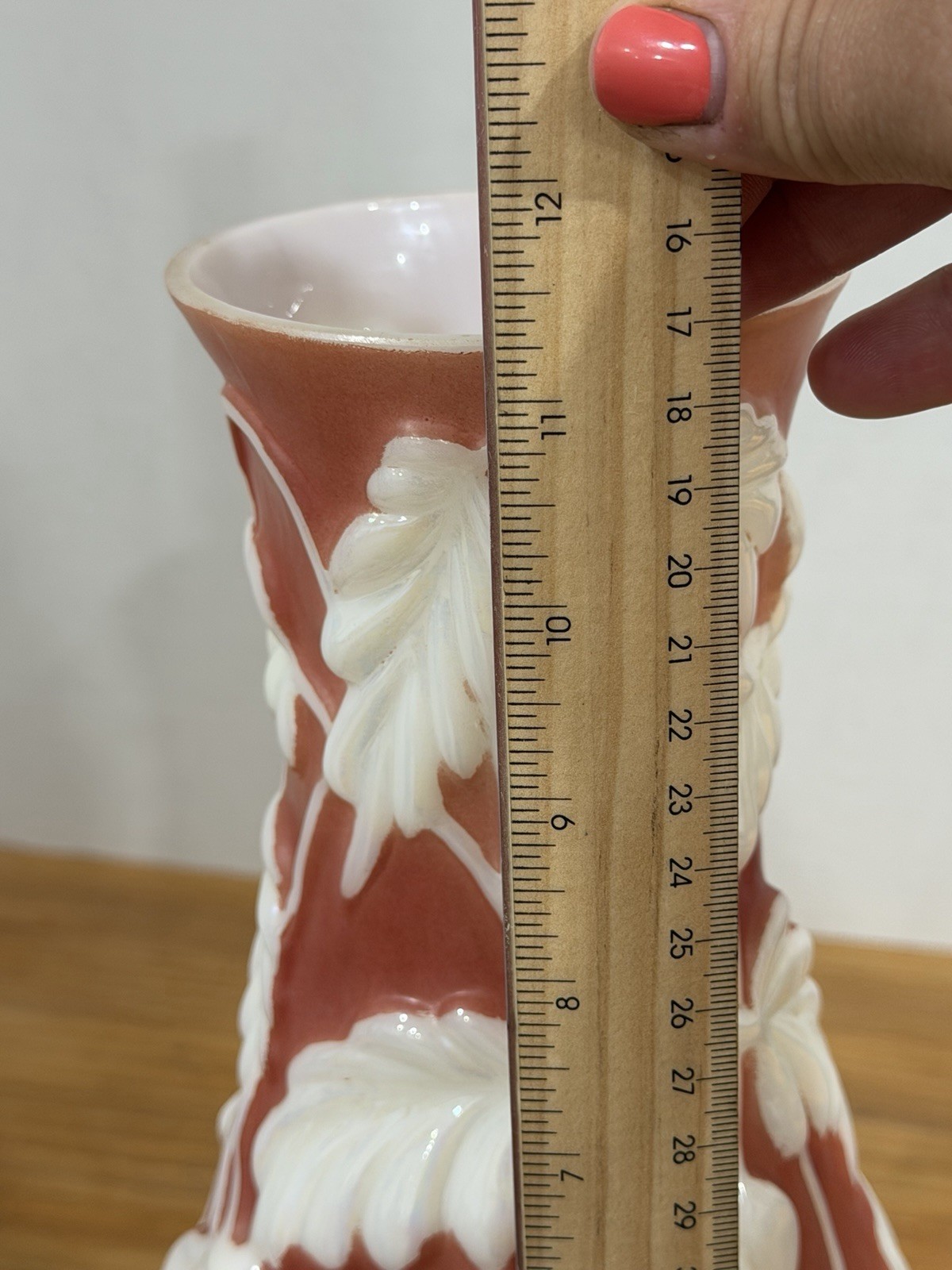 1930’s Phoenix Cameo Glass Vase – Philodendron Pattern – Dark Coral or Rose Shad