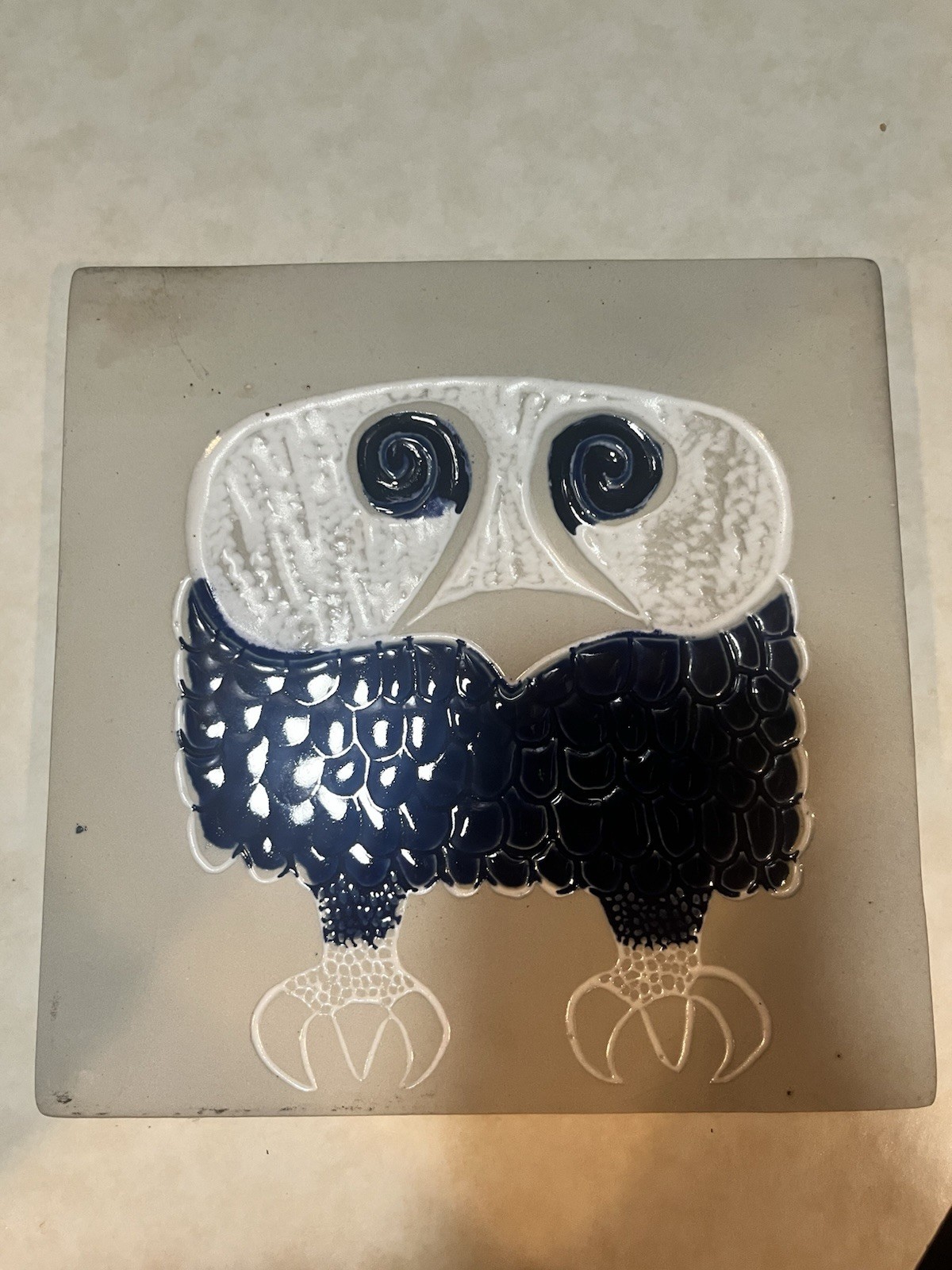 Vintage MCM Bennington Potters Cooperative Design Owl Art Trivet/Tile 8”x8” Blue