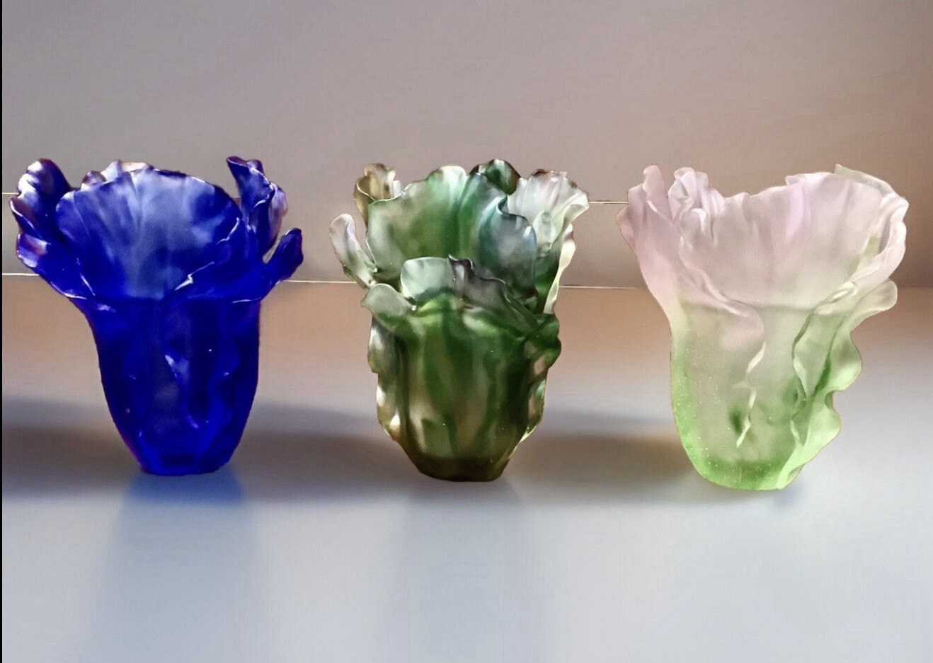 Set Of 3 Gingo Vase Nancy Daum Style Vases H6” Made From Crystal Maker Unknown