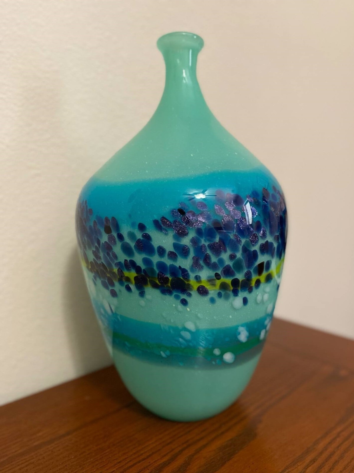 VTG MURANO Italy Hand Blown 16″ Art Glass Vase Blue Green with Flecks 10 lbs