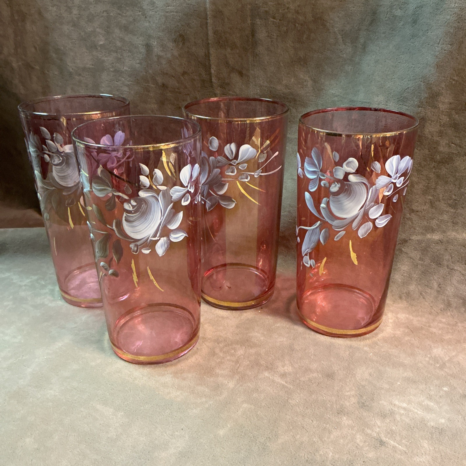 Vintage cranberry stained hand painted floral gold trim water Tumbler Lot Of 4