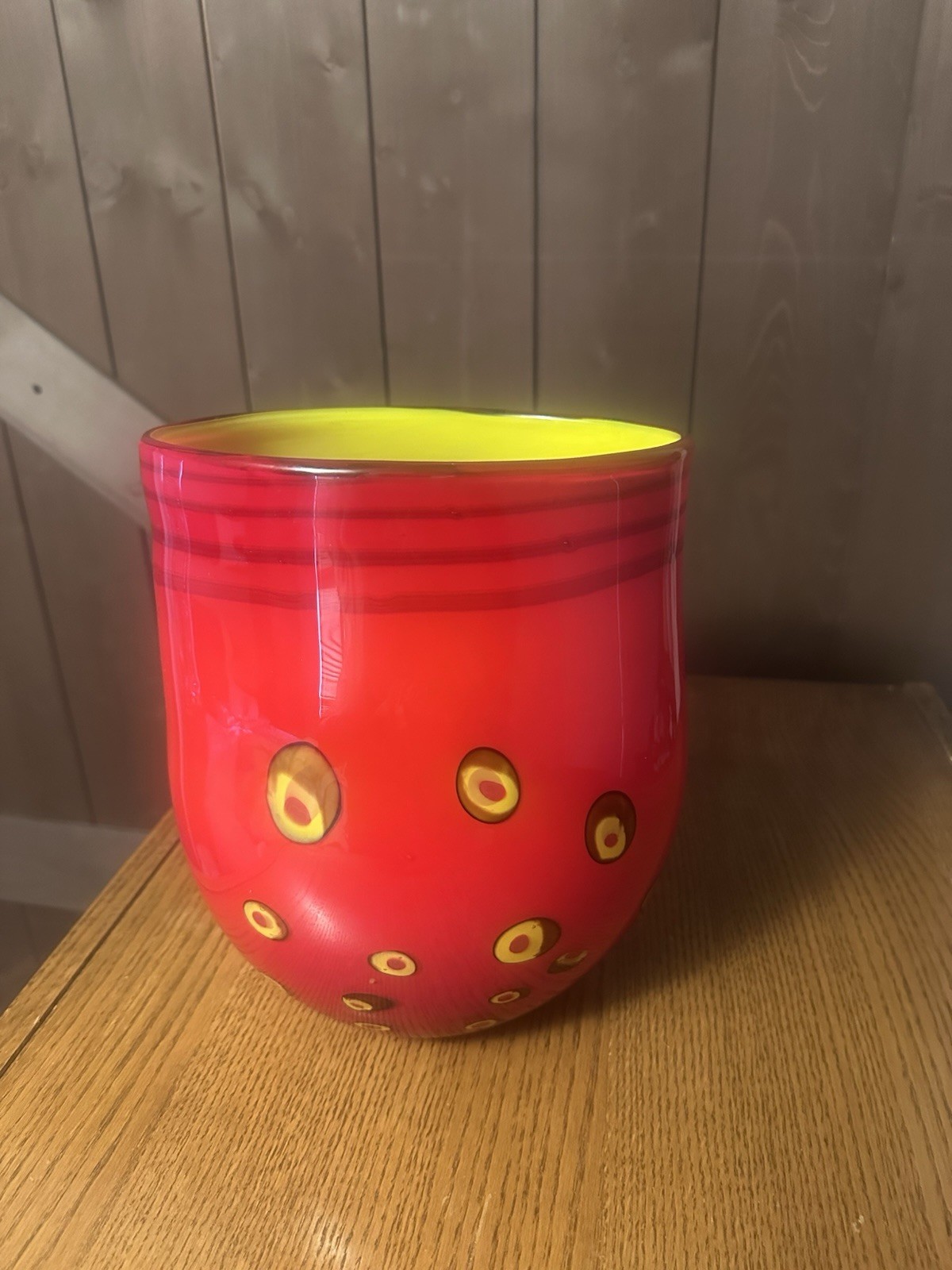 Red Murano Vase With Black And Yellow Spot Design And Yellow Interior