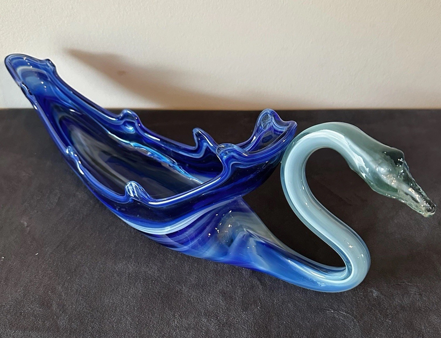 Mid-Century Vintage Murano Style Large Hand Blown Glass Cobalt Blue Swirl Swan