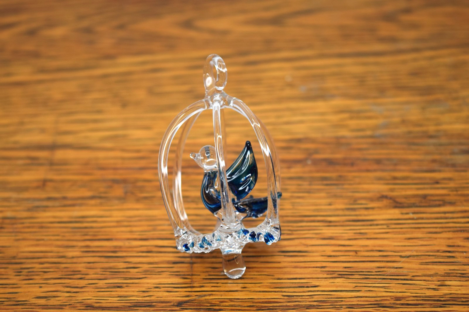 Clear and Blue Glass Hanging Bird in a Cage Figurine 3″