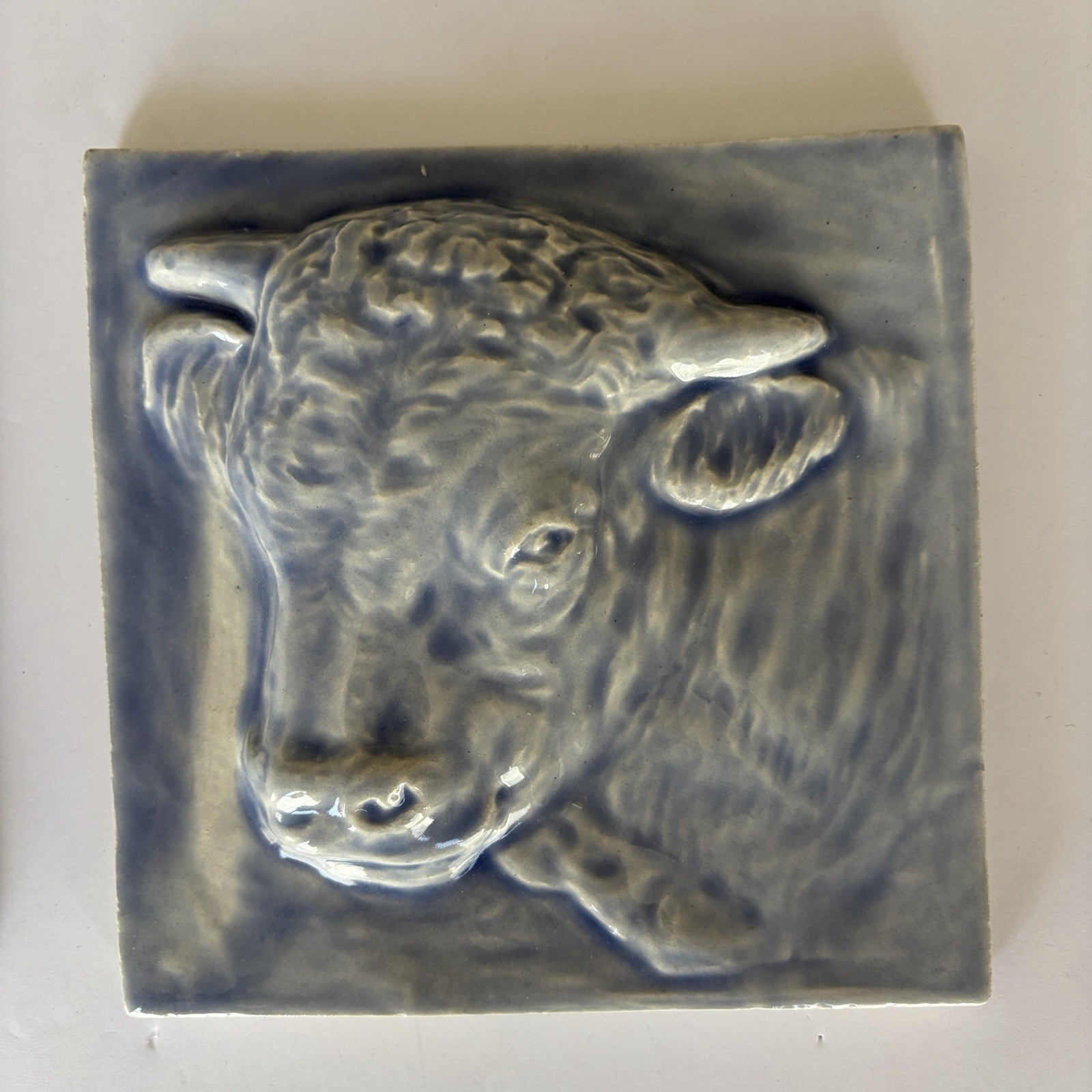 Pair Blue Glazed Bull Relief Tiles 6×6 Art Pottery Ceramic Wall Plaque Vintage
