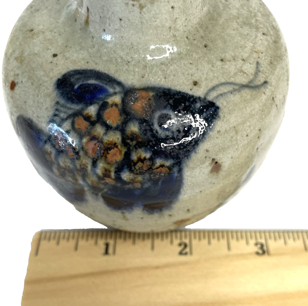 VTG Art Pottery Handmade Fish Vase Blue Rust Brown Natural Glaze Speckled Rustic
